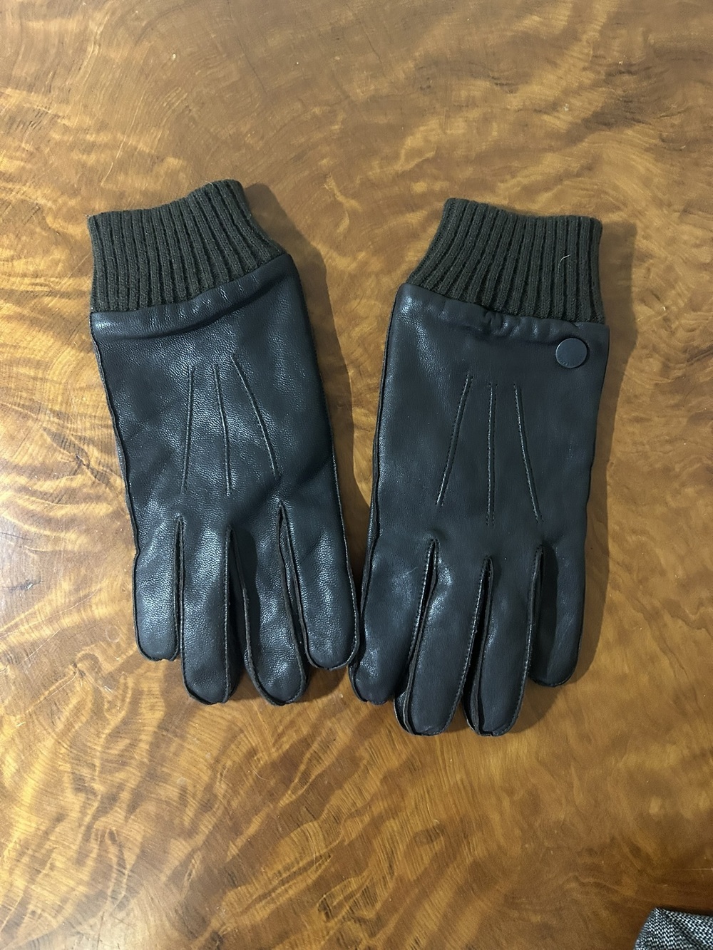 Ben Sherman Mens Leather Gloves Knit Cuff Black Size L